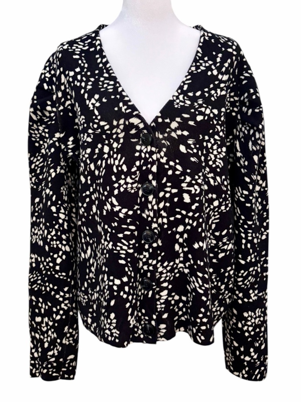 Nine West NWT Cotton Cardigan Black White Abstract Print Puff Sleeve V-Neck XXL